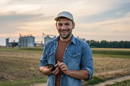 smiling farmer with grain bins in teh background